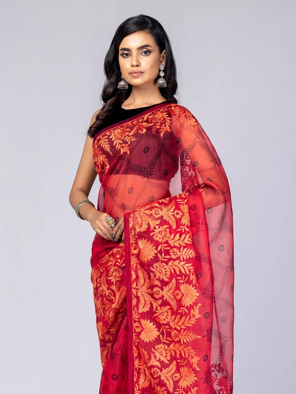 Watermelon Red Printed and Embroidered Muslin Saree