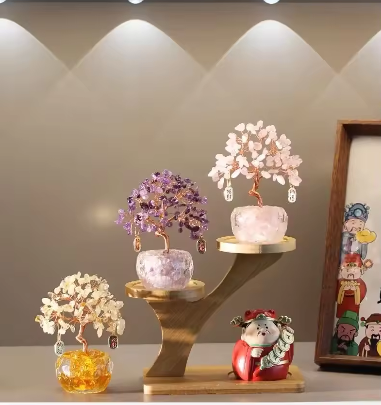 Natural Pink Amethyst Yellow Crystal Tree God Wealth Office Station